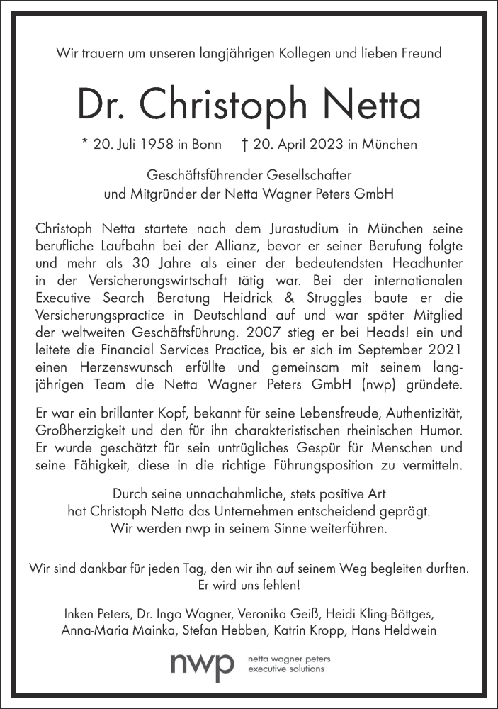  Traueranzeige für Christoph Netta vom 29.04.2023 aus Frankfurter Allgemeine Zeitung