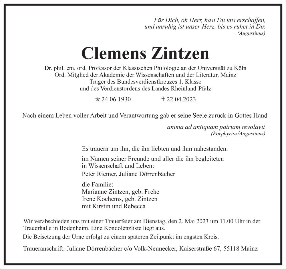  Traueranzeige für Clemens Zintzen vom 27.04.2023 aus Frankfurter Allgemeine Zeitung