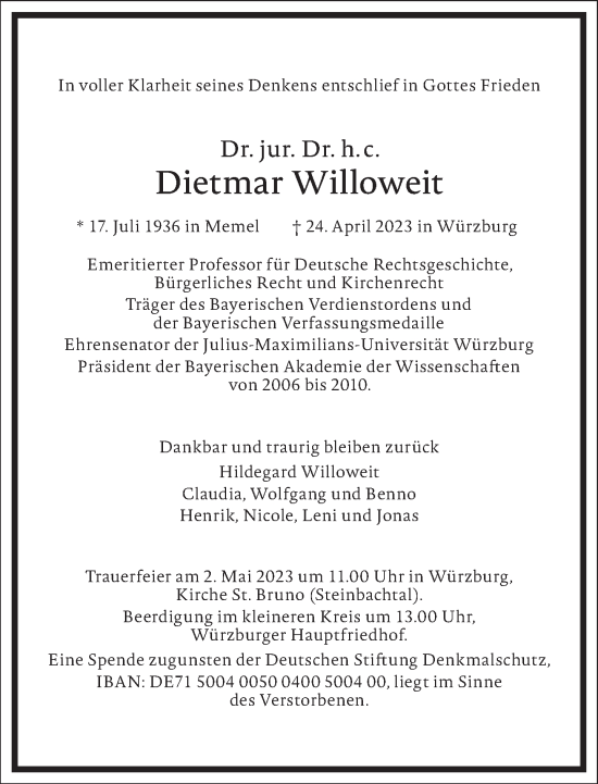 Traueranzeige von Dietmar Willoweit von Frankfurter Allgemeine Zeitung