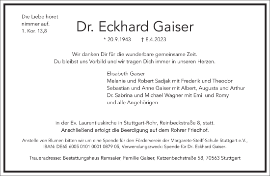 Traueranzeige von Eckhard Gaiser von Frankfurter Allgemeine Zeitung