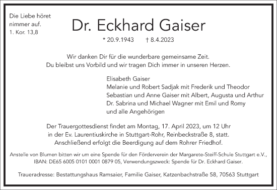 Traueranzeige von Eckhard Gaiser von Frankfurter Allgemeine Zeitung