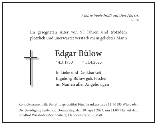 Traueranzeige von Edgar Bülow von Frankfurter Allgemeine Zeitung