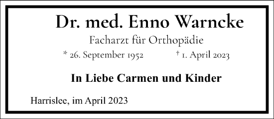 Traueranzeige von Enno Warncke von Frankfurter Allgemeine Zeitung