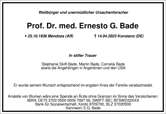 Traueranzeige von Ernesto G. Bade von Frankfurter Allgemeine Zeitung