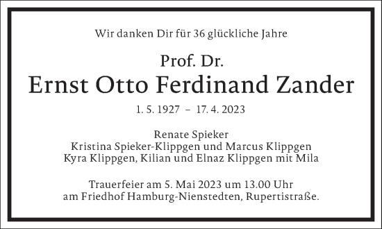 Traueranzeige von Ernst Otto Ferdinand Zander von Frankfurter Allgemeine Zeitung