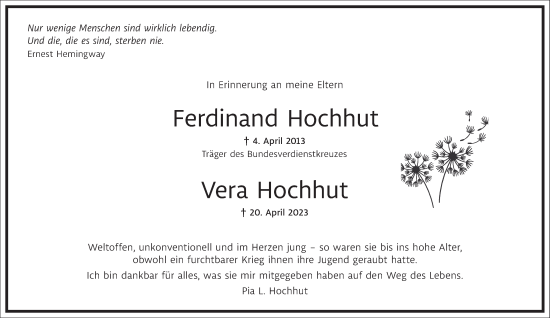 Traueranzeige von Ferdinand und Vera Hochhut von Frankfurter Allgemeine Zeitung