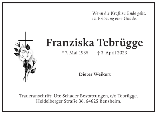 Traueranzeige von Franziska Tebrügge von Frankfurter Allgemeine Zeitung