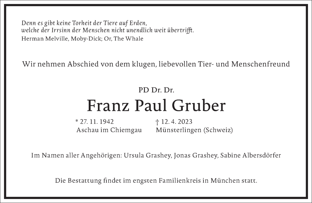  Traueranzeige für Franz Paul Gruber vom 22.04.2023 aus Frankfurter Allgemeine Zeitung