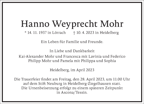 Traueranzeige von Hanno Weyprecht Mohr von Frankfurter Allgemeine Zeitung