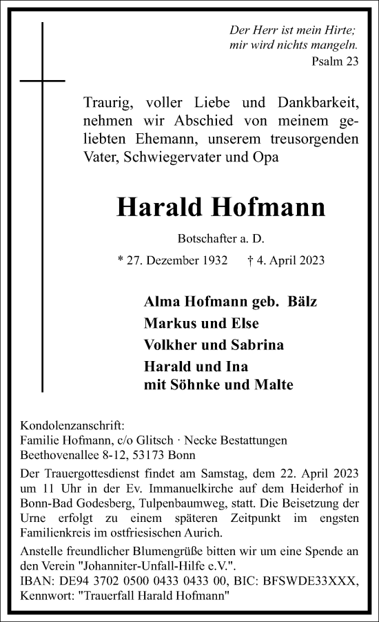 Traueranzeige von Harald Hofmann von Frankfurter Allgemeine Zeitung