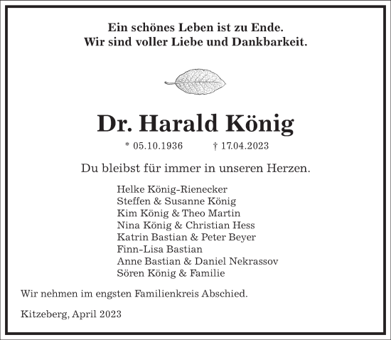 Traueranzeige von Harald König von Frankfurter Allgemeine Zeitung