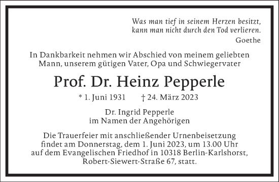 Traueranzeige von Heinz Pepperle von Frankfurter Allgemeine Zeitung