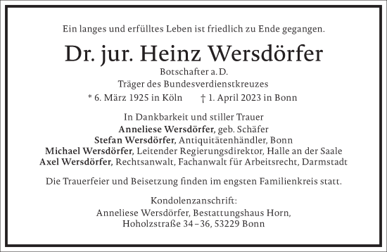 Traueranzeige von Heinz Wersdörfer von Frankfurter Allgemeine Zeitung