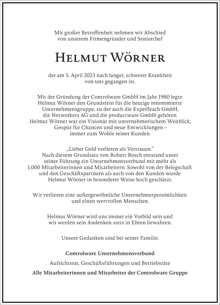  Traueranzeige für Helmut Wörner vom 14.04.2023 aus Frankfurter Allgemeine Zeitung