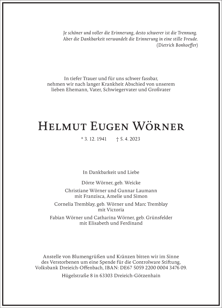  Traueranzeige für Helmut Wörner vom 14.04.2023 aus Frankfurter Allgemeine Zeitung