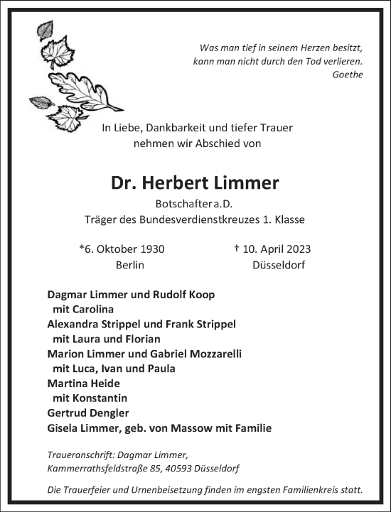 Traueranzeige von Herbert Limmer von Frankfurter Allgemeine Zeitung