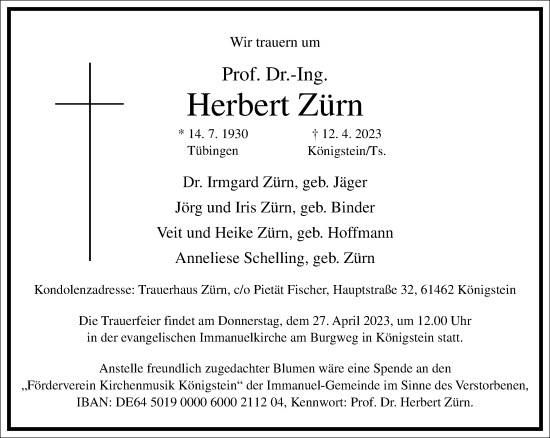 Traueranzeige von Herbert Zürn von Frankfurter Allgemeine Zeitung