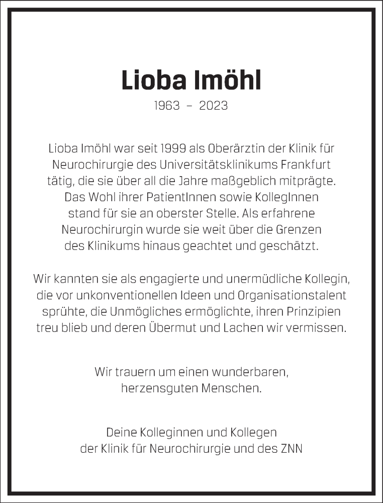  Traueranzeige für Lioba Imöhl vom 15.04.2023 aus Frankfurter Allgemeine Zeitung