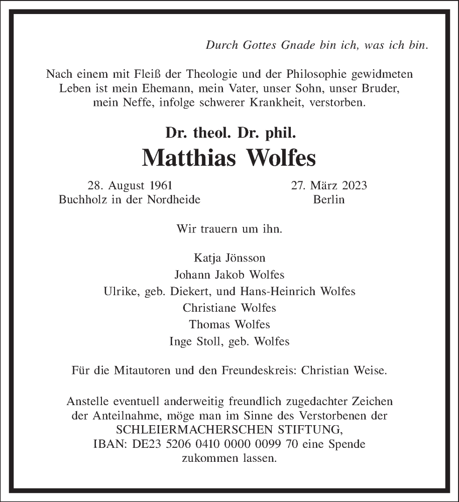  Traueranzeige für Matthias Wolfes vom 08.04.2023 aus Frankfurter Allgemeine Zeitung