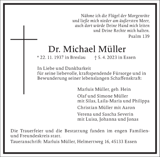 Traueranzeige von Michael Müller von Frankfurter Allgemeine Zeitung