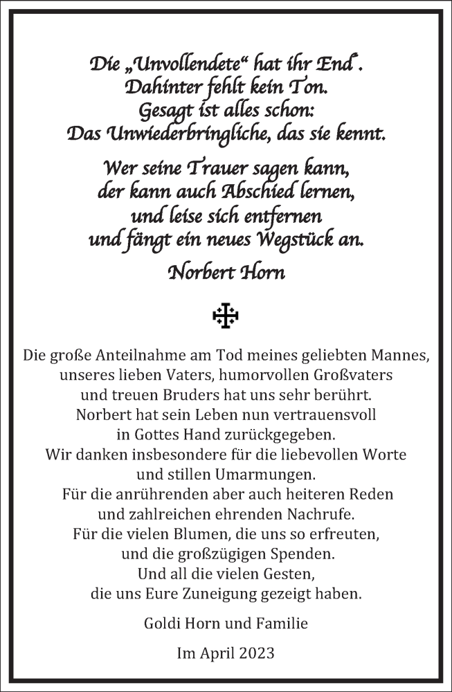  Traueranzeige für Norbert Horn vom 29.04.2023 aus Frankfurter Allgemeine Zeitung