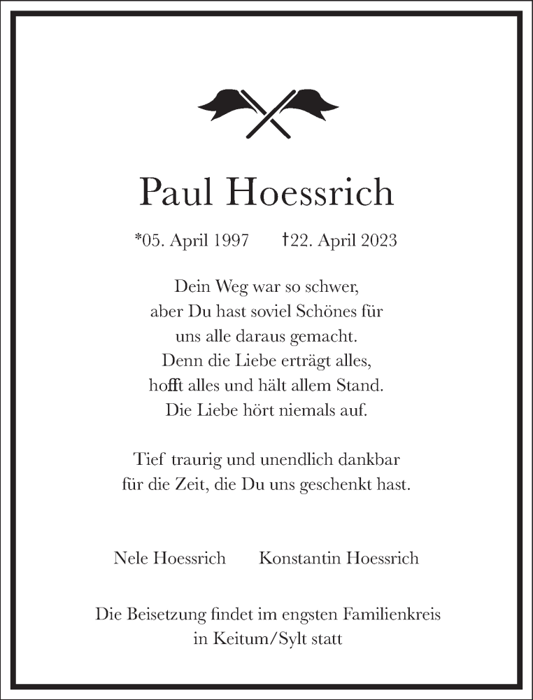  Traueranzeige für Paul Hoessrich vom 26.04.2023 aus Frankfurter Allgemeine Zeitung