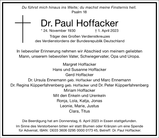 Traueranzeige von Paul Hoffacker von Frankfurter Allgemeine Zeitung