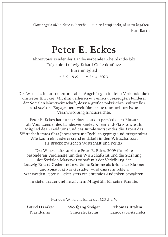 Traueranzeige von Peter E. Eckes von Frankfurter Allgemeine Zeitung