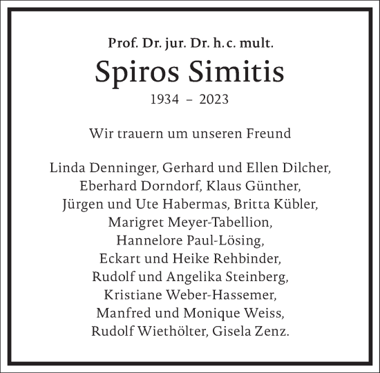 Traueranzeige von Spiros Simitis von Frankfurter Allgemeine Zeitung