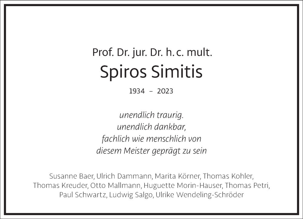  Traueranzeige für Spiros Simitis vom 22.04.2023 aus Frankfurter Allgemeine Zeitung