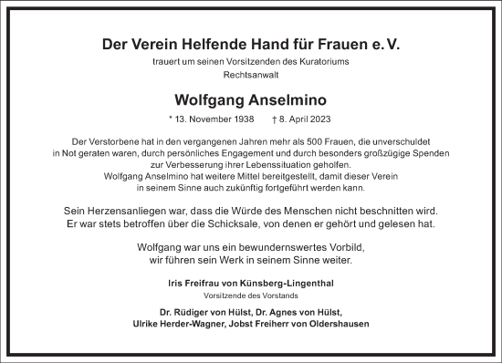 Traueranzeige von Wolfgang Anselmino von Frankfurter Allgemeine Zeitung