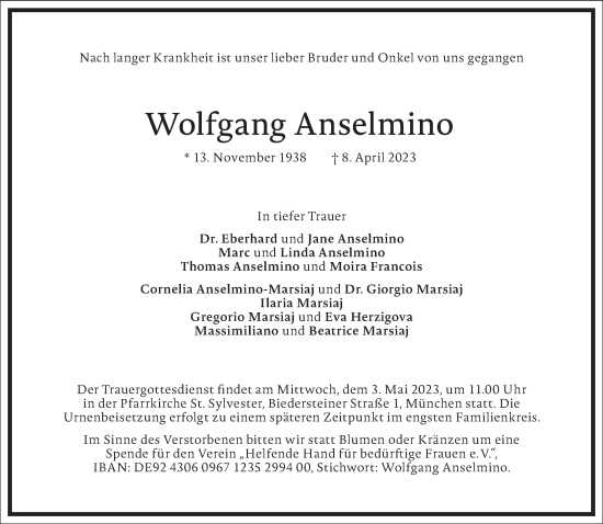 Traueranzeige von Wolfgang Anselmino von Frankfurter Allgemeine Zeitung