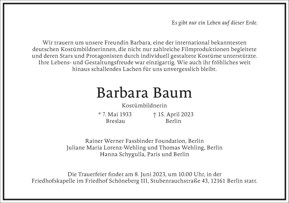  Traueranzeige für Barbara Baum vom 27.05.2023 aus Frankfurter Allgemeine Zeitung