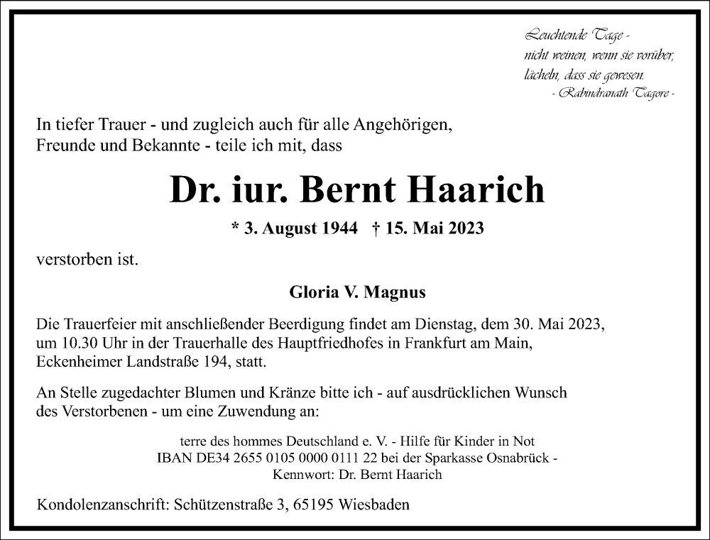  Traueranzeige für Bernt Haarich vom 24.05.2023 aus Frankfurter Allgemeine Zeitung