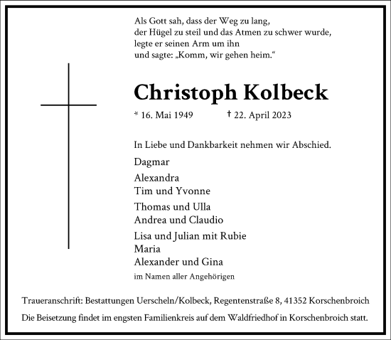 Traueranzeige von Christoph Kolbeck von Frankfurter Allgemeine Zeitung