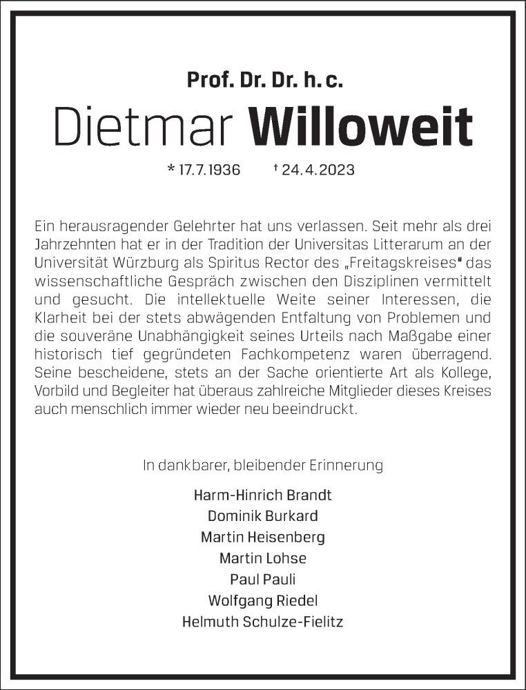  Traueranzeige für Dietmar Willoweit vom 06.05.2023 aus Frankfurter Allgemeine Zeitung