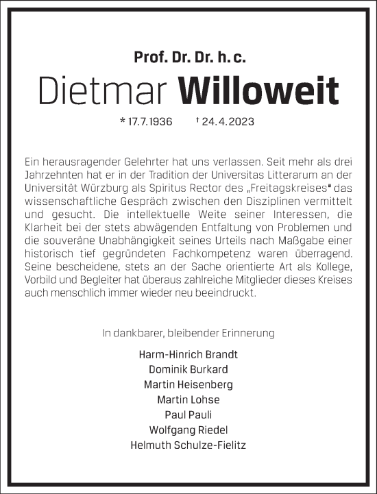 Traueranzeige von Dietmar Willoweit von Frankfurter Allgemeine Zeitung