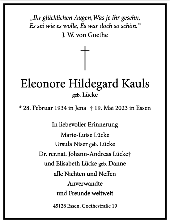 Traueranzeige von Eleonore Hildegard Kauls von Frankfurter Allgemeine Zeitung