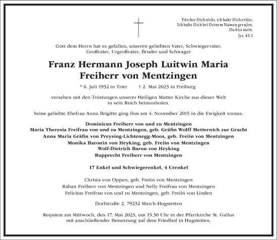 Traueranzeige von Franz  hermann Joseph Luitwin Maria Freiherr von Mentzingen von Frankfurter Allgemeine Zeitung