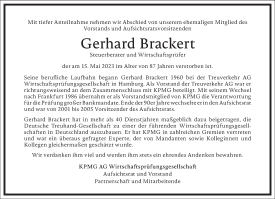 Traueranzeige von Gerhard Brackert von Frankfurter Allgemeine Zeitung