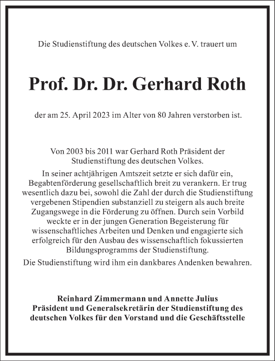 Traueranzeige von Gerhard Roth von Frankfurter Allgemeine Zeitung