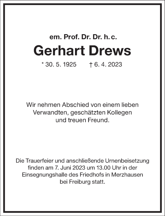 Traueranzeige von Gerhart Drews von Frankfurter Allgemeine Zeitung