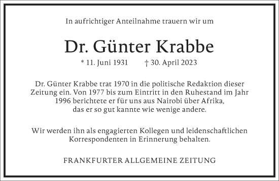 Traueranzeige von Günter Krabbe von Frankfurter Allgemeine Zeitung