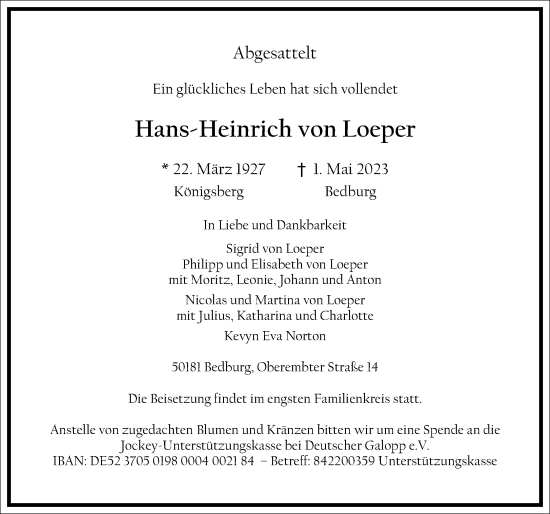 Traueranzeige von Hans-Heinrich von Loeper von Frankfurter Allgemeine Zeitung