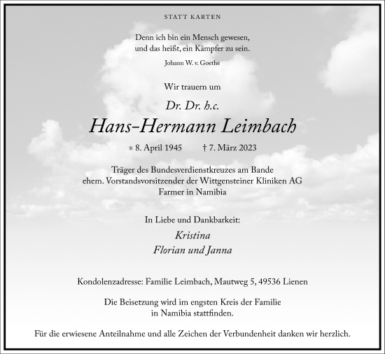 Traueranzeige von Hans-Hermann Leimbach von Frankfurter Allgemeine Zeitung