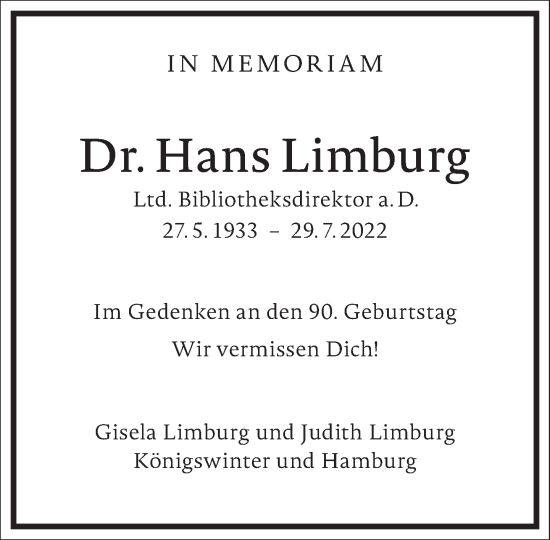 Traueranzeige von Hans Limburg von Frankfurter Allgemeine Zeitung