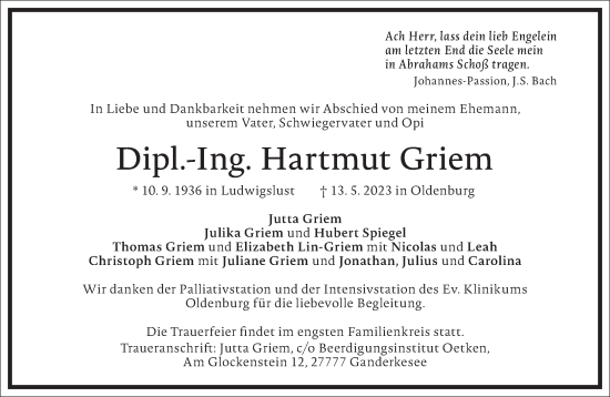 Traueranzeige von Hartmut Griem von Frankfurter Allgemeine Zeitung