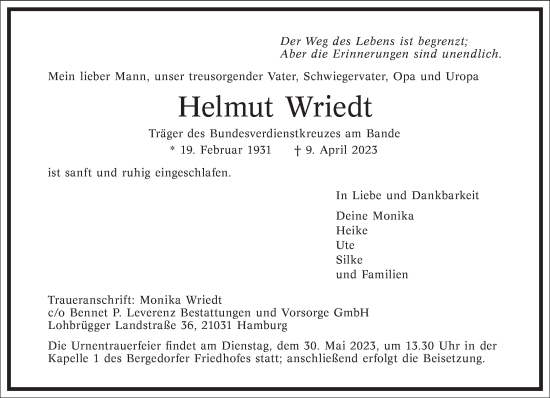 Traueranzeige von Helmut Wriedt  von Frankfurter Allgemeine Zeitung