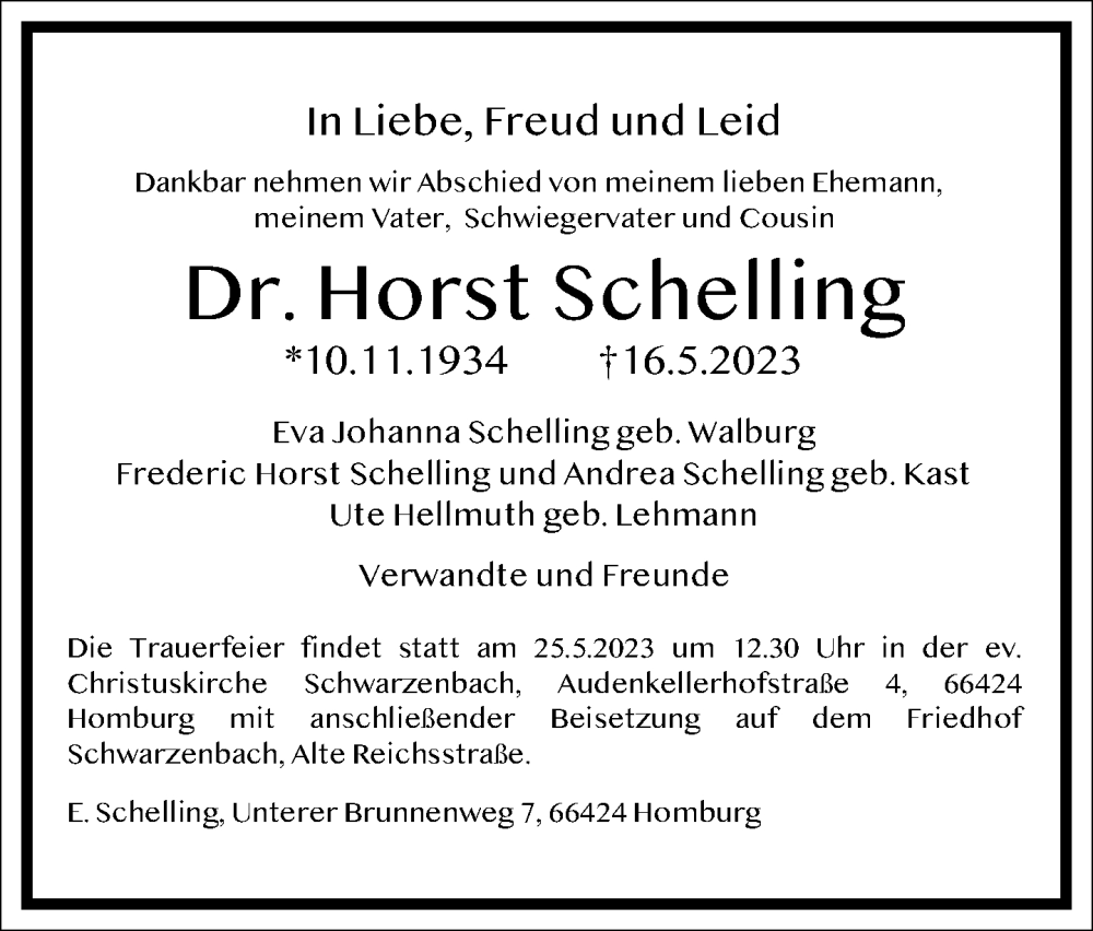  Traueranzeige für Horst Schelling vom 24.05.2023 aus Frankfurter Allgemeine Zeitung