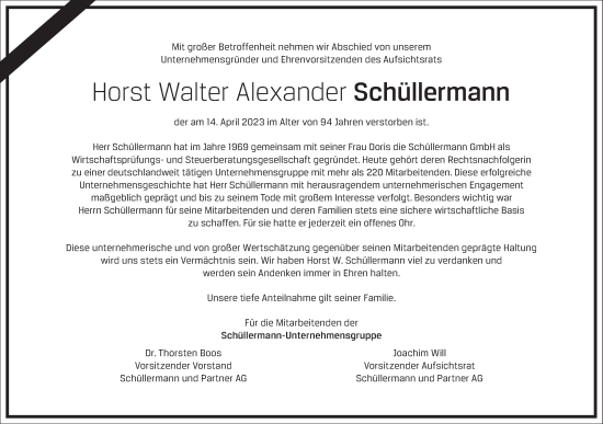 Traueranzeige von Horst Walter Alexander  Schüllermann von Frankfurter Allgemeine Zeitung